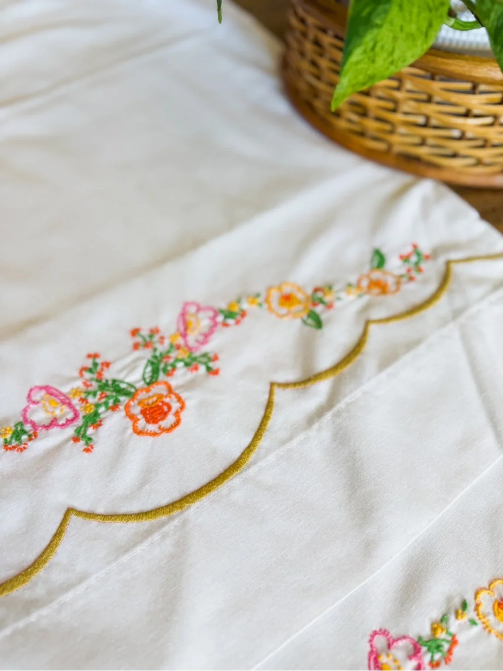 Vintage White Embroidered Pillow Case set with Scalloped Edge